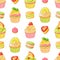 Various bright colorful fruit desserts. Seamless vector pattern on white background.
