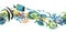 Various, bright fish with algae, corals, sea sponges. Watercolor illustration. Seamless border from the collection of