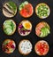 Various bruschettas on black rustic background