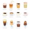 Various caffeine drinks, beverages for cafe menu