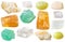 Various calcite gem stones isolated on white