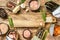 Various canned fish and seafood in a metal cans. Wooden background. Top view. Copy space