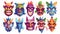 Various cartoon icon sets featuring tiki masks, tribal wooden totems, Hawaiian or Polynesian style attributes, scary