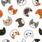 Various cats heads seamless pattern. Cute and funny cartoon kitty cat vector illustration set with different cat breeds.