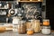 Various cereals Buckwheat, lentils, oatmeal, pasta, are stored in glass jars on the background of the kitchen and the inscription