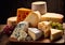 Various cheese selection with grapes on wooden table.Macro.AI Generative