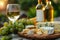 Various cheeses wooden platter, white wine, grapes, bottles in serene outdoor setting