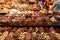 Various chocolate desserts for sale at a shop in the La Boqueria market.