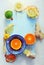 Various citrus fruits and ginger on blue cutting board