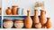 Various clay vases and ceramic plates placed on shelf against white background near cup, Generative AI