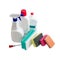 Various cleaning sponges, bottles of cleaning agent, dishwashing brush