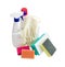 Various cleaning sponges, bottles of cleaning agent, rubber gloves