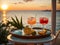 Various cocktails, sea view, sunset juice glasses fruit berries citrus restaurant ice drink