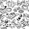 Various coffee,cake,cupcake,Sandwich,cookie , appetizer and beverage seamless pattern sketch drawing line by black pen