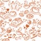 Various coffee,cake,cupcake,Sandwich,cookie , appetizer and beverage seamless pattern sketch drawing line by brown pen