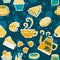 Various coffee,cake,cupcake,Sandwich,cookie , appetizer and beverage seamless pattern sketch drawing line with yellow blue