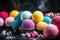 various colorful bath bombs on a dark backdrop