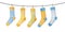 Various colorful blue and yellow socks on clothesline.