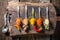 Various colorful condiments on spoons