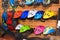 various colorful helmets displayed in bike shop