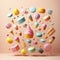 Various colorful of macarons floating on the air on color background, Desserts sweet cake concept. ai generative