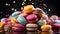 Various colorful macarons floating on the air isolated on clean png background, Desserts sweet cake concept