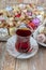 Various cookies and candies served on the table next to the tea. Assorted cookies and coffee, afternoon tea arrangement