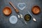 Various cooking utensils border. Wooden bowl , vintage spoons an