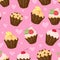 Various Cupcake and muffin vector seamless pattern in flat cartoons style. Happy birthday cupcake background
