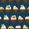 Various Cupcake and muffin vector seamless pattern in flat cartoons style. Happy birthday cupcake with fruits and berries