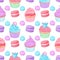 Various cute bright colorful blue, pink and purple desserts. Seamless vector pattern on white background.