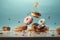 Various decorated doughnuts in motion falling on color background. AI generated