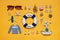 Various decorative nautical items, sailboat, life buoy and sunglasses on bright yellow background. Text WELCOME ABOARD. Sea travel