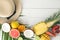 Various delicious exotic fruits with hat on light table