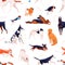 Various domestic doggy breeds seamless pattern. Different cute purebred dog posing, sitting, standing and playing