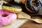 Various donut on wooden table
