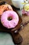 Various donut on wooden table