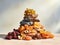 various dried fruits and nuts in plate and in bulk on semi clear table