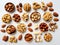 various dried fruits and nuts in plate and loose on light table in an orderly manner