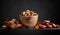 Various dried fruits and nuts in wooden dish.