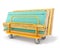 Various drywall sheets, plywood plates, wooden planks and osb sheets are composed on an orange trolley for long loads, isolated on