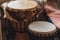 Various ethnic percussion musical instruments djembe drums