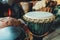 Various ethnic percussion musical instruments djembe drums