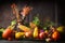 Various fall fruits and vegetables on dark rustic kitchen table at wooden background, side view
