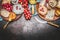 Various Fine cheese selection with Bottle of wine, Honey mustard sauce and grape on rustic background, top view