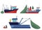 Various fishing vessels set, ships and board with nets - flat vector illustration isolated on white background.