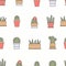 Various flower pots with cacti. succulent and cactus. Home plants. Minimalistic floral icons. Colored vector seamless pattern