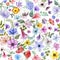 Various flowers seamless watercolor pattern isolated on white. Translucent different flowers composition. Botanical fantasy