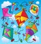 Various flying kites on blue sky