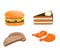 Various food dishes (hamburger,cake, bread, chicken meat) vector
